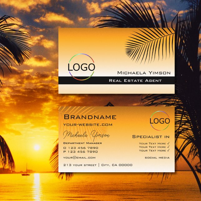Chic Orange Gradient Palm Leaf with Logo Stylish Business Card (Creator Uploaded)