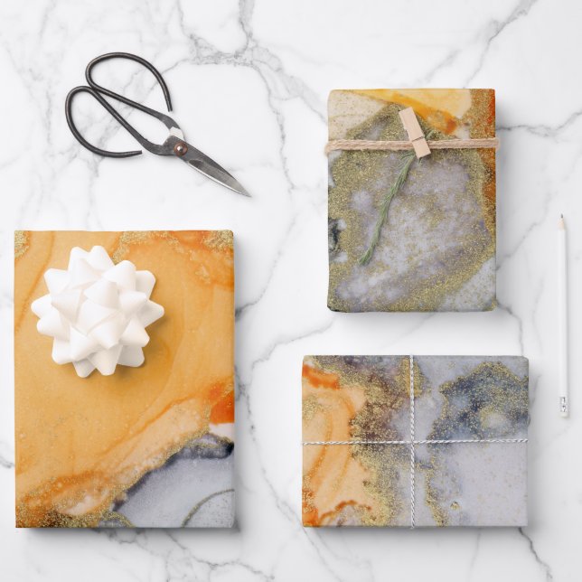 Chic Orange Grey Gold Abstract Art Wrapping Paper Sheets (Front)