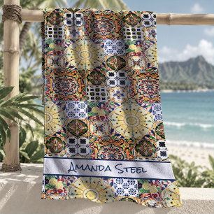 Chic Orange Mediterranean Tile Monogram Beach Towel