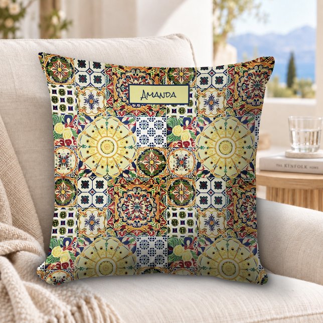 Chic Orange Mediterranean Tile Monogram Throw Pillow (Creator Uploaded)