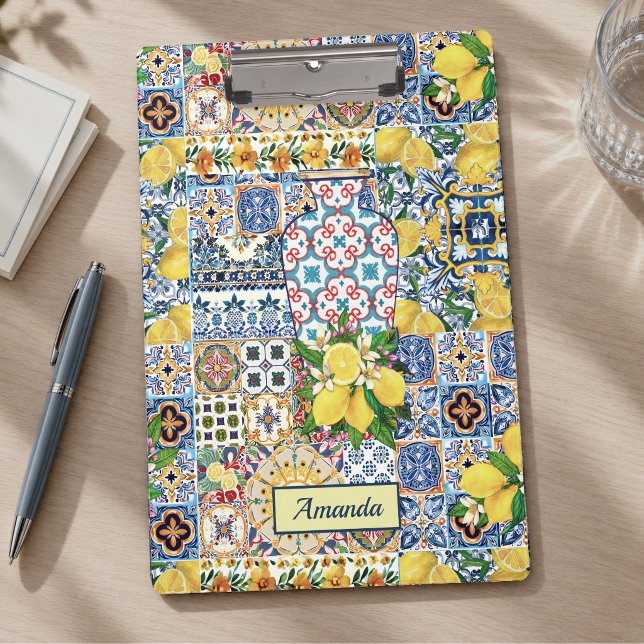 Chic Orange Mediterranean Tile Monogram Vase Clipboard (Creator Uploaded)
