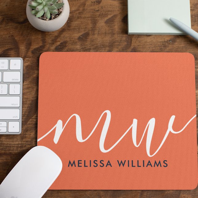 Chic Orange Minimalist Monogram Name and Initials Mouse Pad (Creator Uploaded)