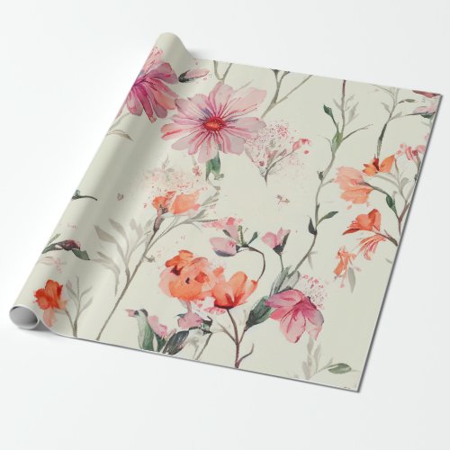 Chic Orange  Pink Feminine Floral Wedding Wrapping Paper