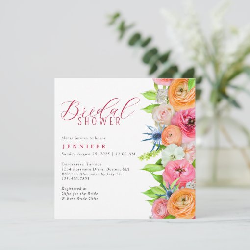 Chic Orange Pink Floral Border Bridal Shower Invit Invitation | Zazzle