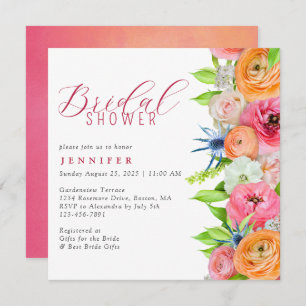 Chic Orange Pink Floral Border Bridal Shower Invit Invitation