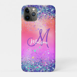 Chic orange pink iridescent faux glitter monogram iPhone 11 pro case