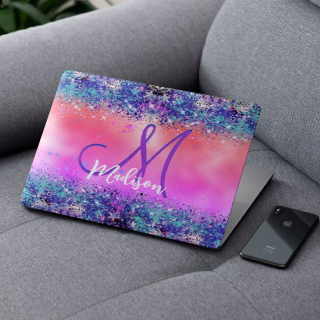 Chic orange pink iridescent faux glitter monogram HP laptop skin (Creator Uploaded)