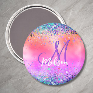 Chic orange pink iridescent faux glitter monogram magnet