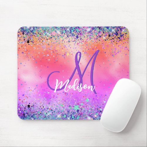 Chic orange pink iridescent faux glitter monogram mouse pad