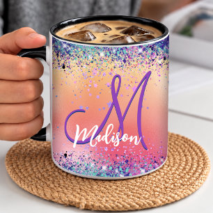 Chic orange pink iridescent faux glitter monogram mug