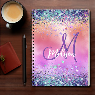 Chic orange pink iridescent faux glitter monogram notebook