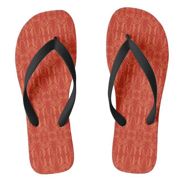 Chic Orange Poppy Outline Pattern on Red Flip Flops (Footbed)