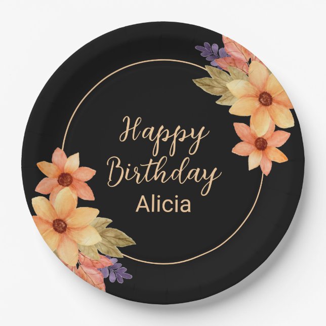 Chic Orange Red Fall Flora Black Birthday Paper Plates (Front)