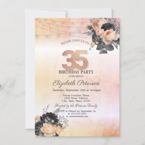 Chic Orange Roses String Lights 35th Birthday Invitation