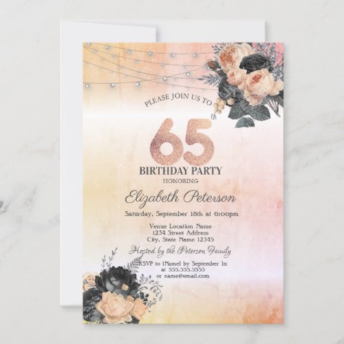 Chic Orange Roses String Lights 65th Birthday Invitation