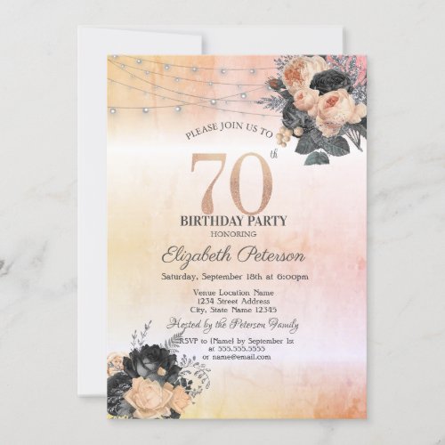 Chic Orange Roses String Lights 70th Birthday Invitation
