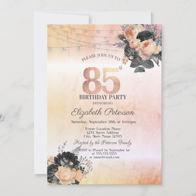 Chic Orange Roses String Lights 85th Birthday Invitation (Front)