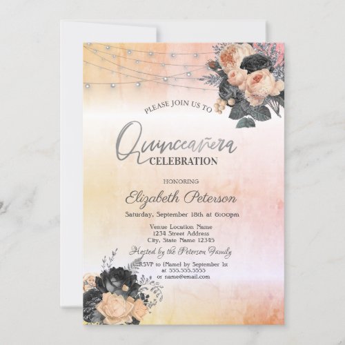 Chic Orange Roses String Lights Quinceanera Invitation