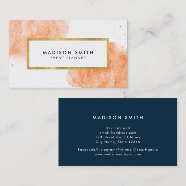 Chic Orange Watercolor Faux Gold Business Card (Front/Back)