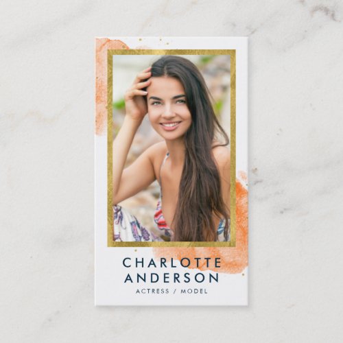 Chic Orange Watercolor Faux Gold Headshot Photo Business Card