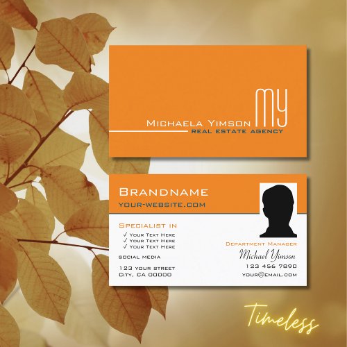 Chic Orange White Simple with Monogram and Photo Business Card