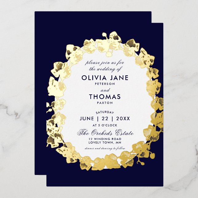 Chic Orchid Floral Wreath Script Navy Gold Wedding Foil Invitation (Front/Back)