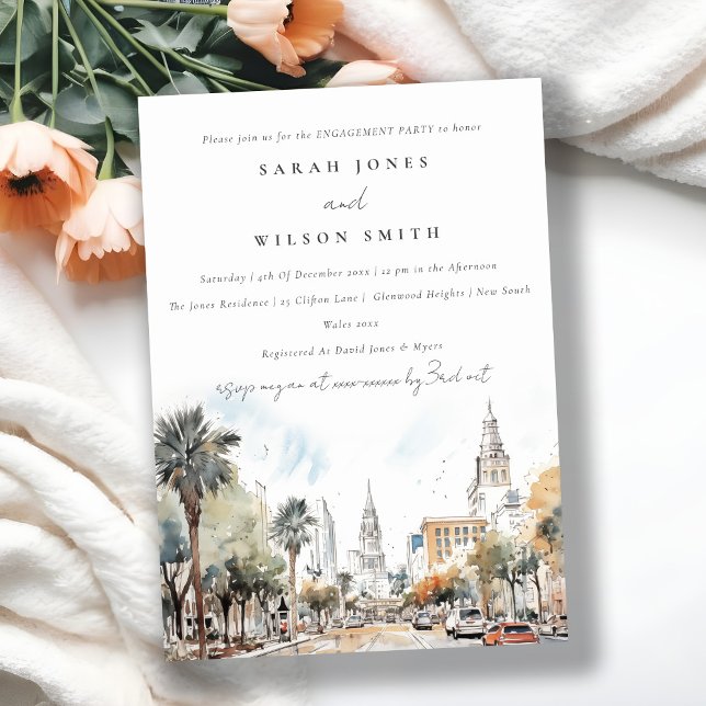 Chic Orlando Florida Skyline Watercolor Engagement Invitation (Creator Uploaded)