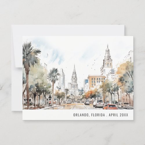 Chic Orlando Florida Skyline Watercolor Travel Postcard
