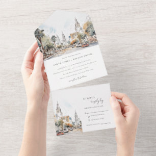 Chic Orlando Florida Skyline Watercolor Wedding All In One Invitation