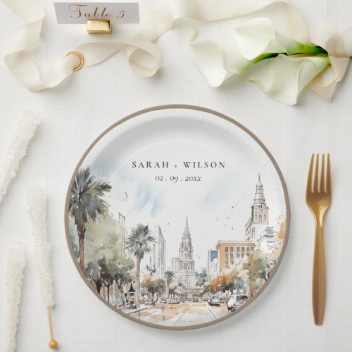 Chic Orlando Florida Skyline Watercolor Wedding Paper Plates