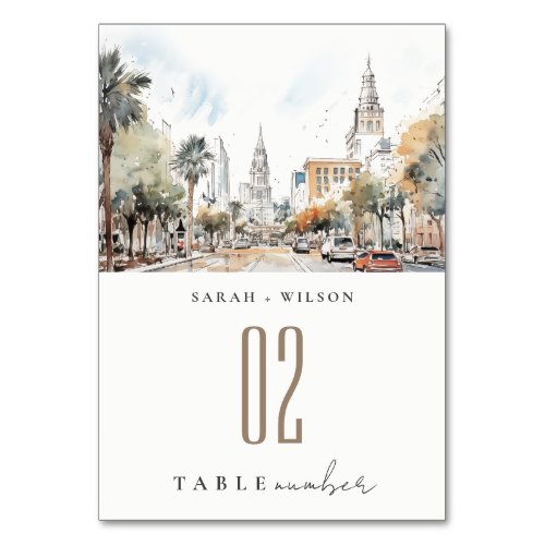 Chic Orlando Florida Skyline Watercolor Wedding Table Number