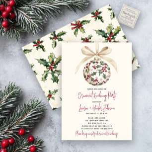 Chic Ornament Exchange Red Bow Holly Berry Party Invitation