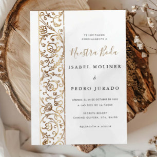 Chic Ornate Floral Gold Cream Nuestra Boda Wedding Invitation