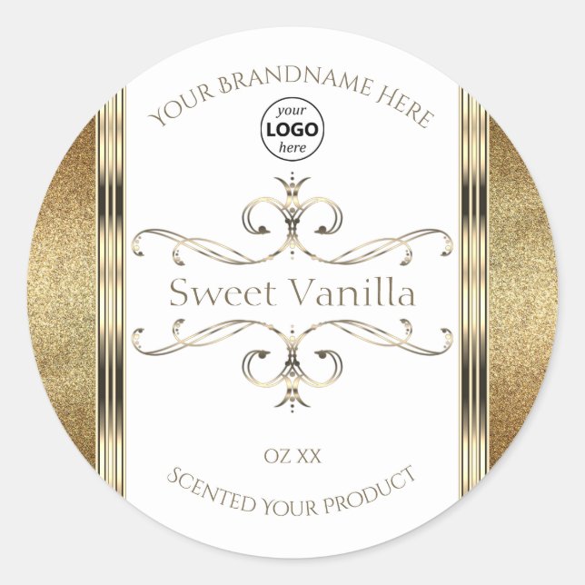 Chic Ornate Gold Glitter White Product Labels Logo (Front)