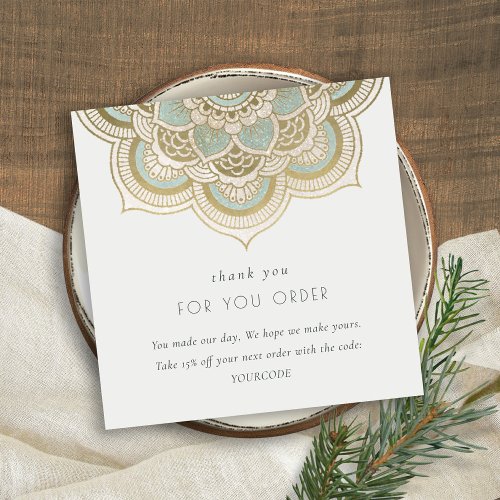 Chic Ornate Gold Teal Mandala Thank You For Order Square Business Card