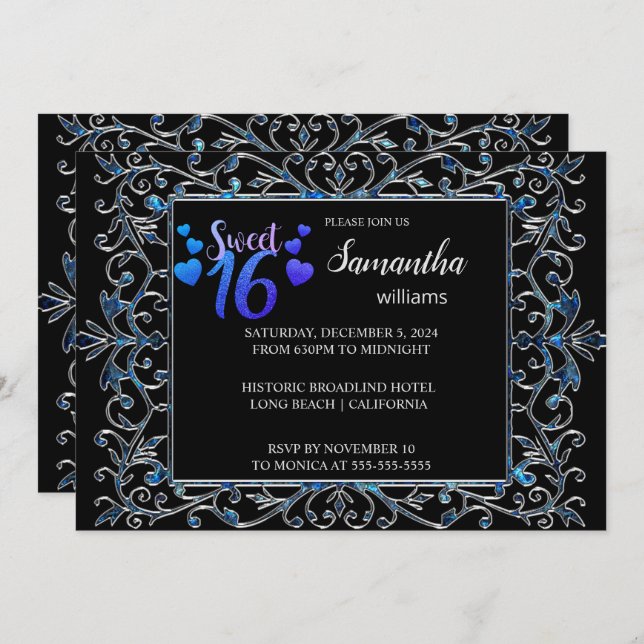 Chic Ornate Silver Sweet 16 Invitation (Front/Back)