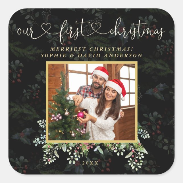 Chic Our First Christmas Calligraphy Winter Photo Square Sticker (Front)