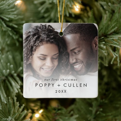 Chic Our First Christmas Couples Keepsake Photo Ceramic Ornament