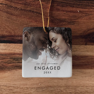 Chic Our First Christmas Engaged Photo Ceramic Ornament