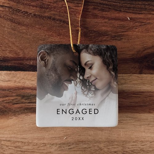 Chic Our First Christmas Engaged Photo Ceramic Ornament