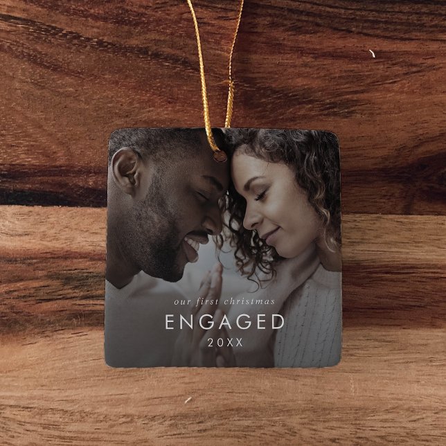 Chic Our First Christmas Engaged Photo Overlay Ceramic Ornament (Creator Uploaded)
