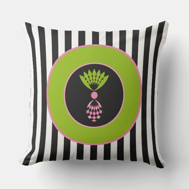 CHIC OUTDOOR PILLOW_MOD PINEAPPLE ON PLACK STRIPES PILLOW (Front)