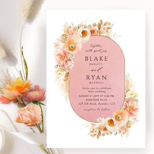 Chic Oval Peach Blush Pink Coral and Cream Wedding Invitation