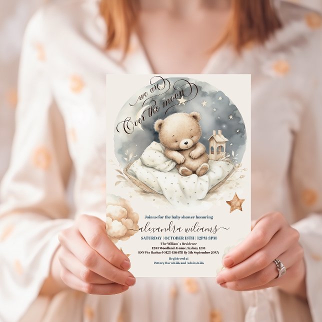 Chic Over the Moon Teddy Bear Baby Shower Invitation (Creator Uploaded)