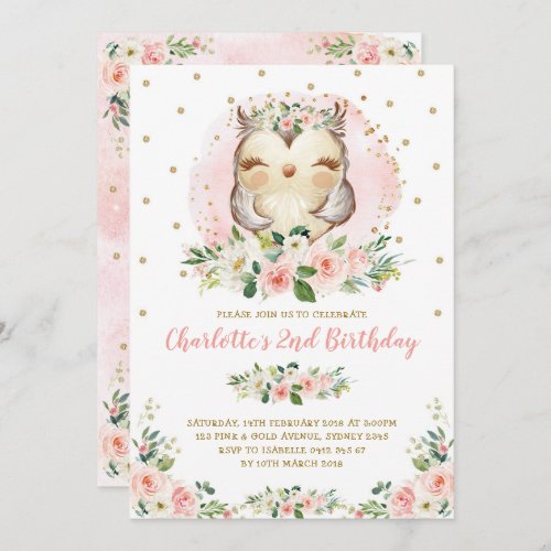 Chic Owl Blush Pink Gold Floral Girl Birthday Invitation