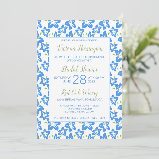 Chic Painted Blue Floral Bridal Shower Invitation (Standing Front)