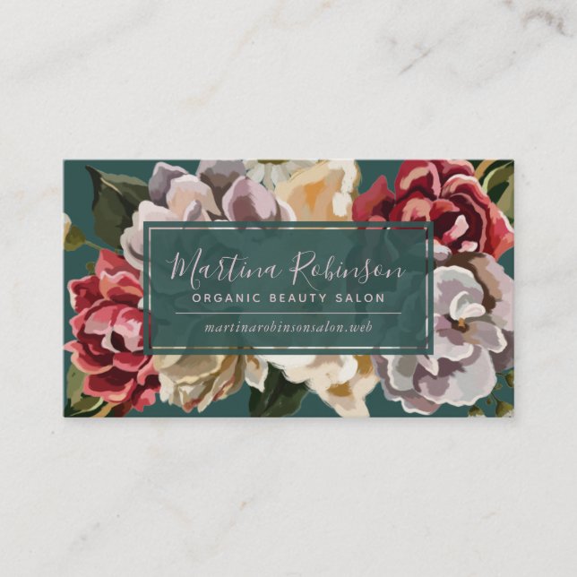 Chic Painted Floral on Teal Business Card (Front)