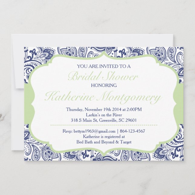 Chic Paisley Bridal Shower Invitation Navy Mint (Front)