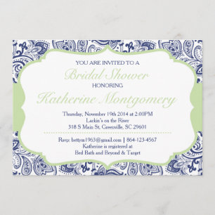 Chic Paisley Bridal Shower Invitation Navy Mint