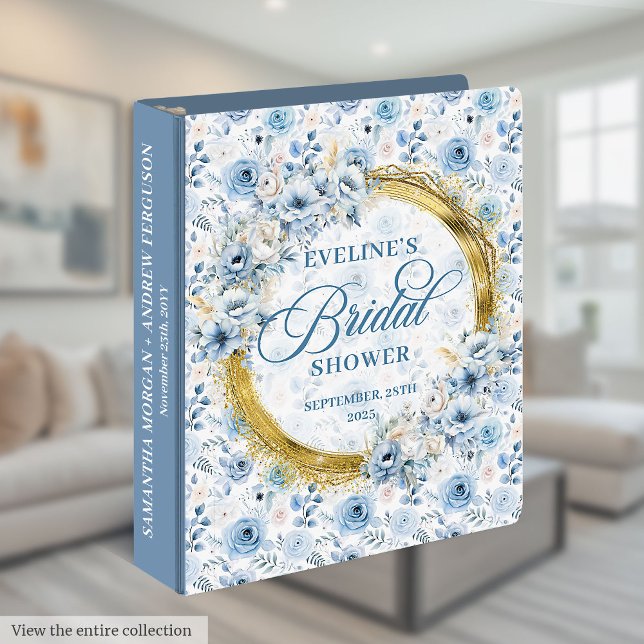 Chic Pale Blue Gold Glitter Flowers Bridal Album 3 Ring Binder (Chic Pale Blue Gold Glitter Flowers Bridal Album 3 ring binder)